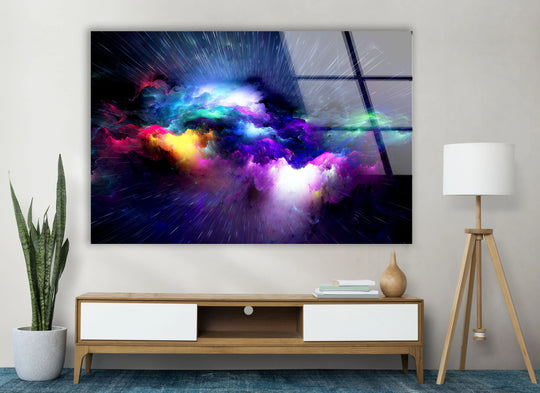 Colorful galaxy explosion on glass wall artwork features soft nebula clouds and distant luminous streaks.