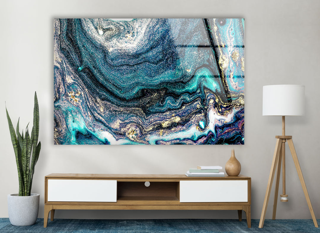 Galaxy Marble Wall Art | Teal Gold Abstract Glass Print for Walls