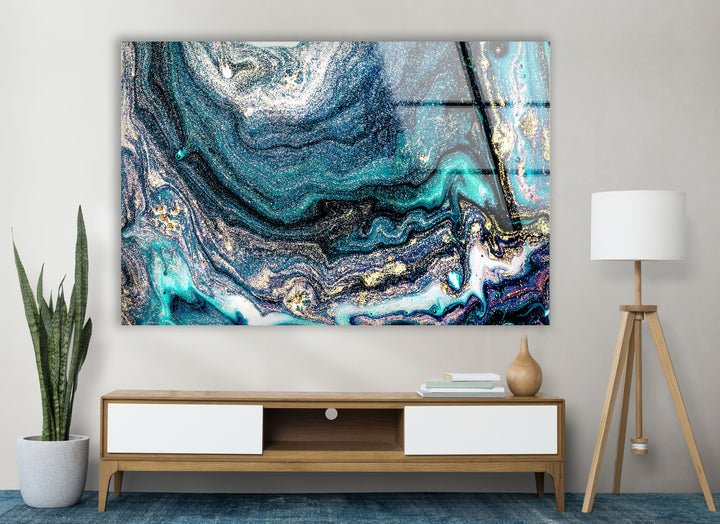 Galaxy Marble Wall Art | Teal Gold Abstract Glass Print for Walls