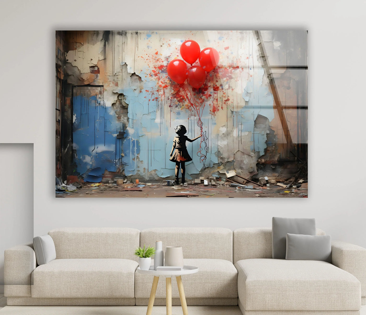 A distressed urban wall with peeling layers showcases a silhouetted girl holding red balloons as a captivating piece of hanging wall art.