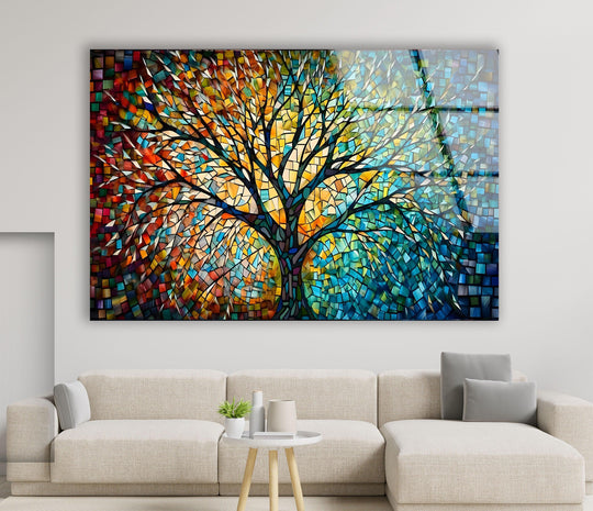 Vibrant, colorful tree glass wall art, a unique modern wall decor, explodes with warm and cool hues.