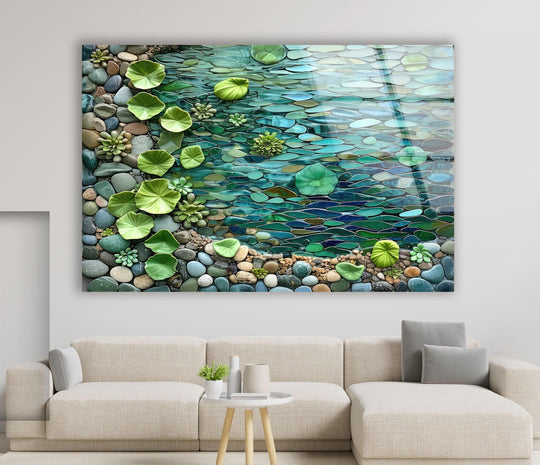 Showcasing the geometric elements of the Riverside Land Pebbles & Water glass art, where fractured lines form a unique, shimmering mosaic of water and stone, a captivating piece of glass art.