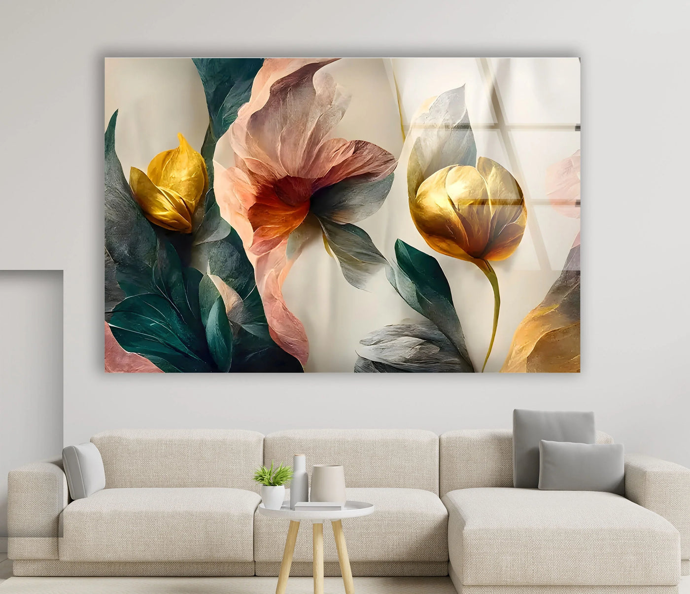 Elegant abstract floral glass art with golden details and soft pink petals on a subtly textured light background.