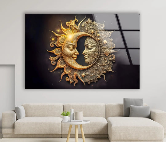 Space wall art featuring a sun with moon like gothic mode celestial design made of glass wall art with 8K UV printing and safe delivery