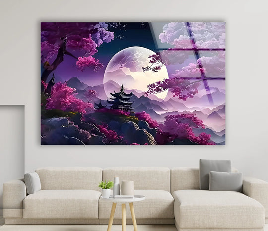 The brightest area highlights the moon in this mystical moonlit cherry blossom enchanted Japanese landscape art from glass.