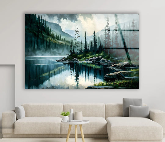 Nature forest landscape glass wall art shows green trees and mountain views reflected on the water and forest wall art is a nature wall decor print on glass