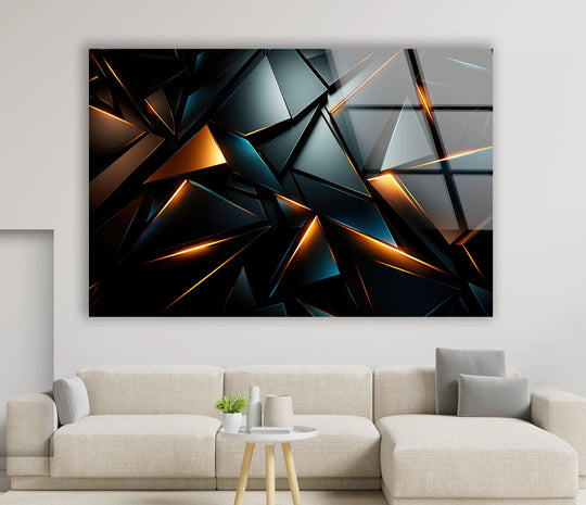 Bold black geometric design glass wall art featuring a sleek, multifaceted texture with radiant orange and blue accents, perfect for best glass art.