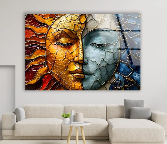 Space Wall Art stained glass wall art sun and moon motif with gold and blue shades perfect for unique celestial décor and interior space