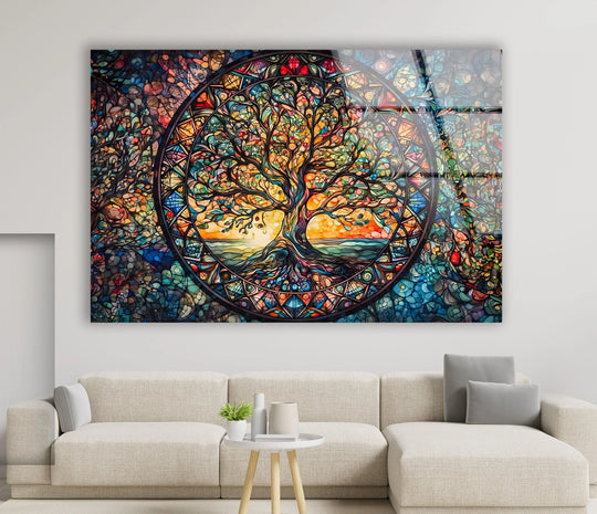Realistic detail highlights the vibrant colors and intricate patterns of this colored tree stained art from glass, creating a mesmerizing piece of stained glass wall art.