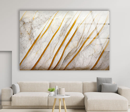 Abstract wall art prints showcasing layered, undulating white marble with bold golden veins that create a sense of depth.