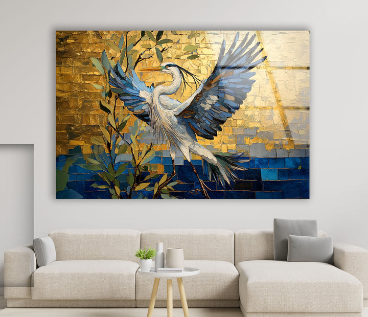 Golden Ascent – ​​Reiher im Flug – Glaswandkunst