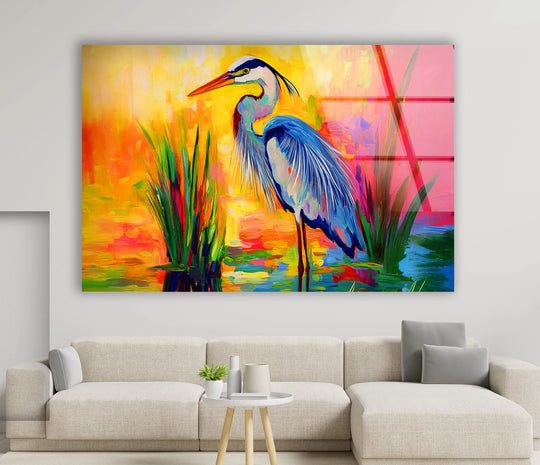 Vibrant heron wall prints burst with hyper-saturated colors, featuring a striking abstract splash of blues, oranges, and yellows.