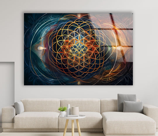 Golden geometric spirals form a mesmerizing pattern on this vibrant glass art painting.