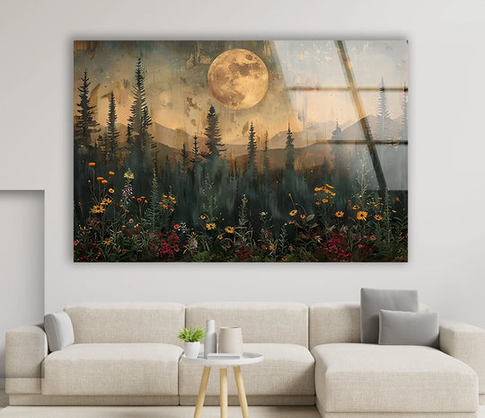 High color saturation enhances the ethereal glow of the full moon in this sunset glass print wall art depicting a tranquil landscape scene.