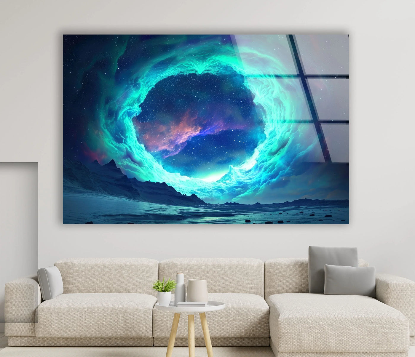 Contrasting hues of turquoise and deep indigo highlight the dramatic swirling portal of this space scene in this stunning glass printing wall art.
