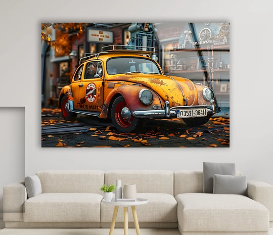 Warm golden hues dominate this vibrant glass art print of a vintage Volkswagen Beetle parked on a street with fall leaves.
