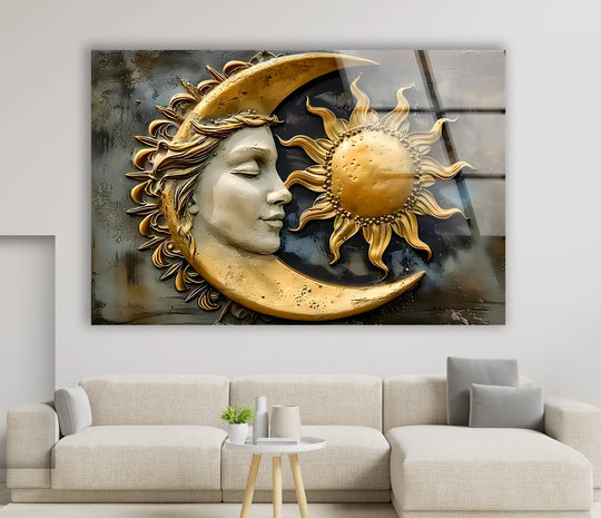 Space Wall Art with sun and moon motif gold colors art glass wall art offers durable tempered glass prints and stylish high quality glass pictures