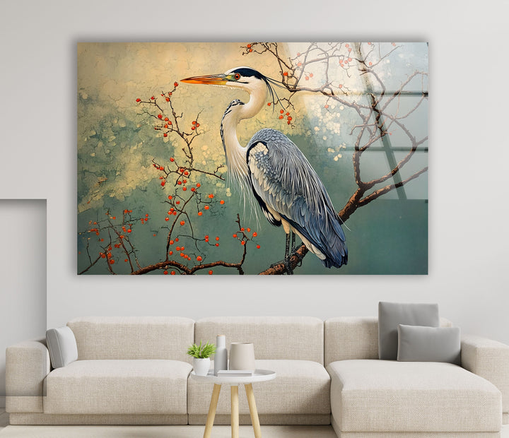 Blühende Gelassenheit – Reiher unter Blüten – Glaswandkunst