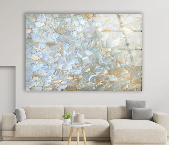 White cracked marble design glass wall art with a polished edge and subtle border.