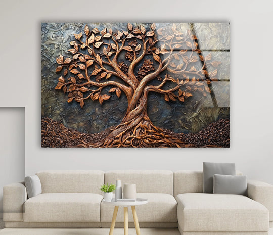 Textured glass wall artwork features a richly detailed, dimensional bronze tree with intricately carved roots and leaves against a dark, abstract background.
