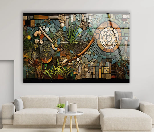 Featuring soft organic shapes, this captivating glass art showcases a harmonious blend of earthy browns and serene blues, creating a tranquil mosaic.