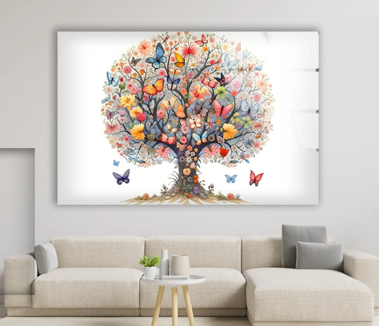 Vibrant flower & butterfly tree glass art showcases a seamless transition from soft pastels to rich jewel tones, blooming with natural beauty.