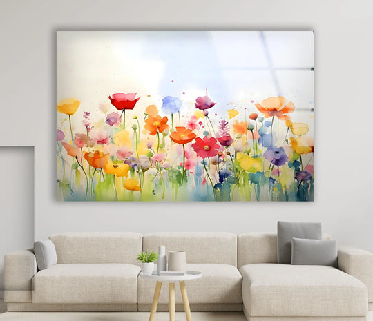 Vibrantly saturated watercolor poppies and wildflowers bloom on this stunning glass art piece.