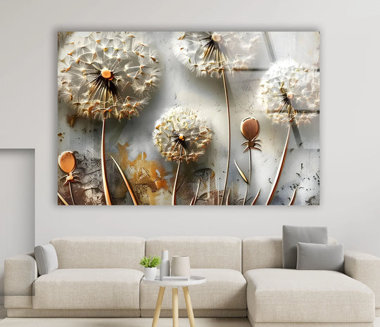 A serene and ethereal mood emanates from this striking glass print wall art featuring wispy white dandelions.