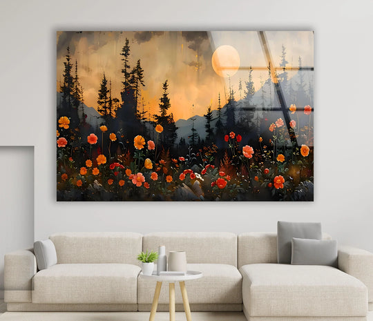 Depth and layers of color in this full moon and flowers glass wall art create captivating home decor, enhancing the mountainous landscape scene.