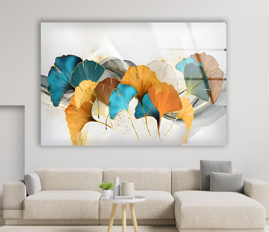 Turquoise and orange floral glass art shows a graceful transition from cool blues to warm oranges and golden hues.