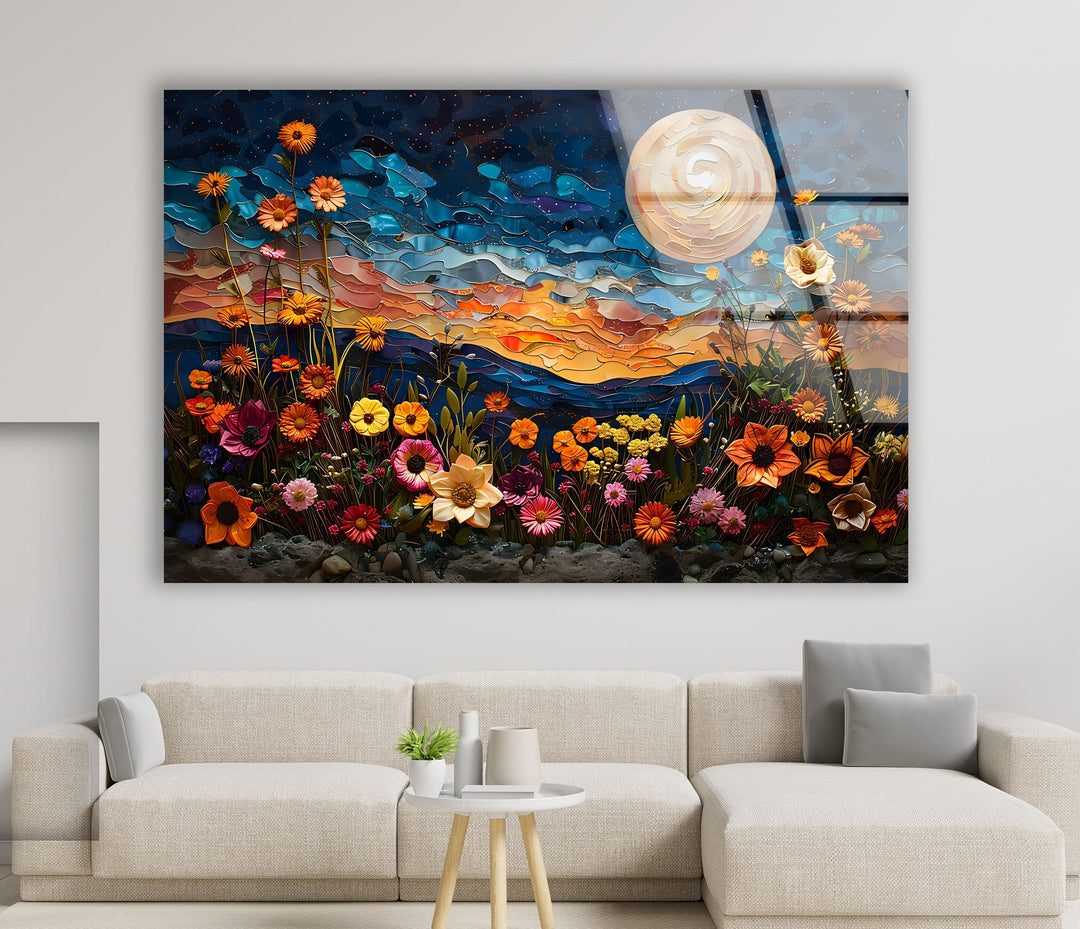 Oil Art Night Sunset & Flowers Glass Wall Art glass art painting, glass art for the Wall
