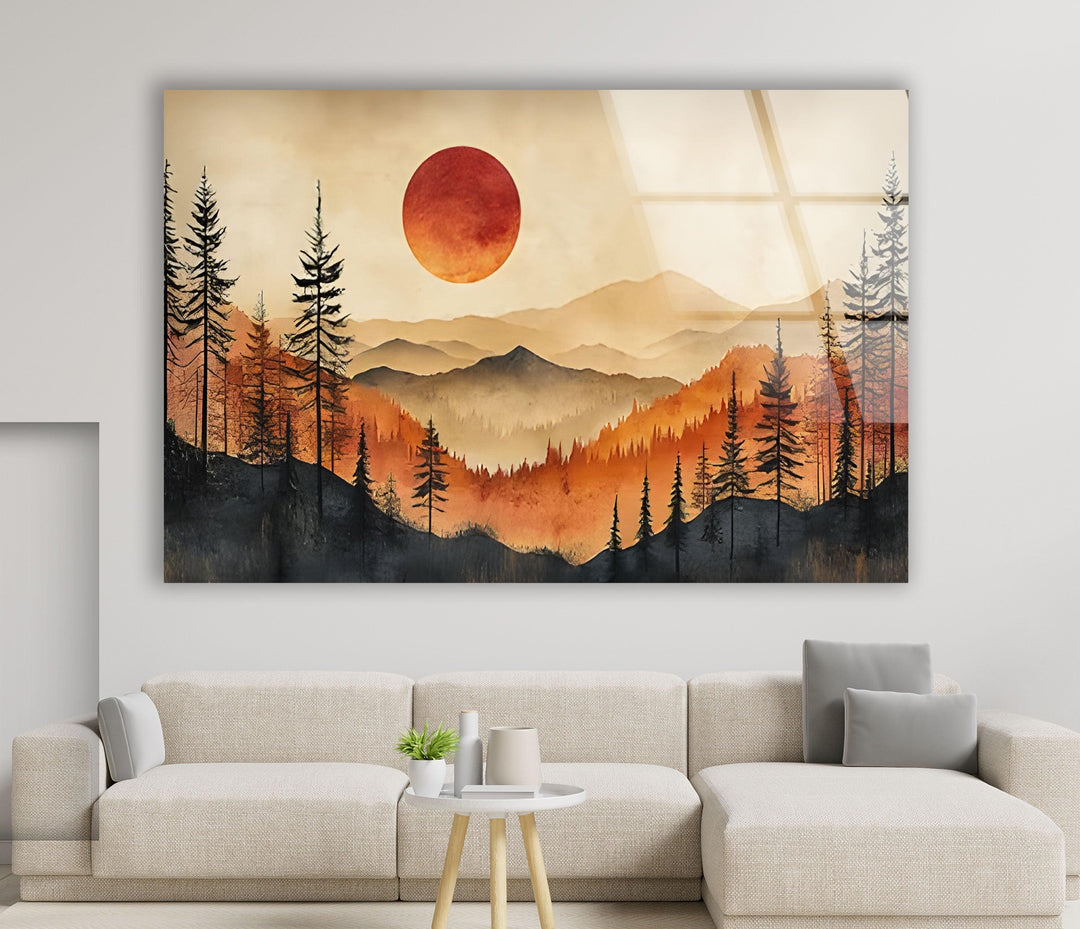 Serene Sunset Over Mountains – A Stunning Glass Wall Art for Your Home
