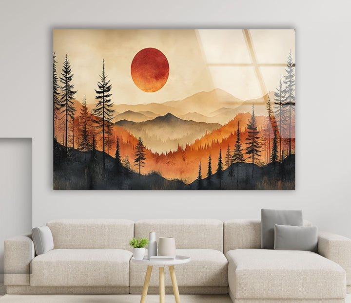 Serene Sunset Over Mountains – A Stunning Glass Wall Art for Your Home
