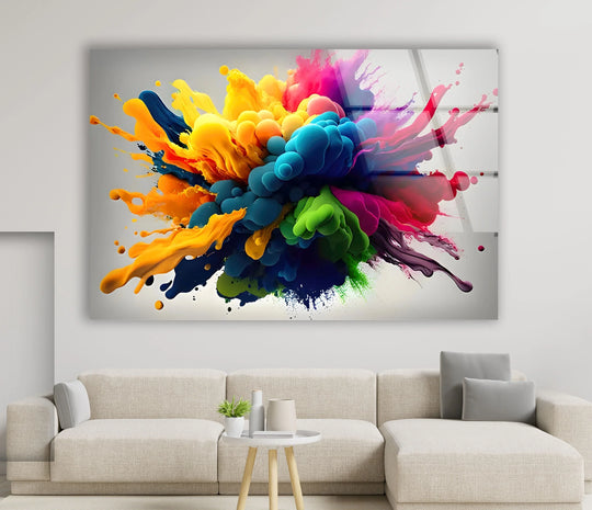 Sunlight casts subtle shadows across the vibrant, abstract glass printing, highlighting the dynamic bursts of color.