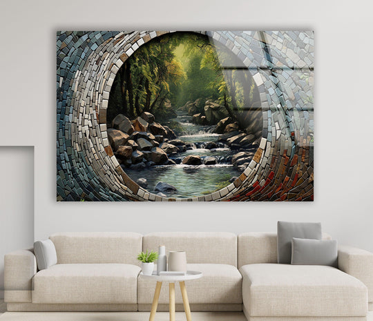 Forest And Stones glass wall art features a stream and rocks motif with mosaic border and is glass photography wall decor and landscape wall art