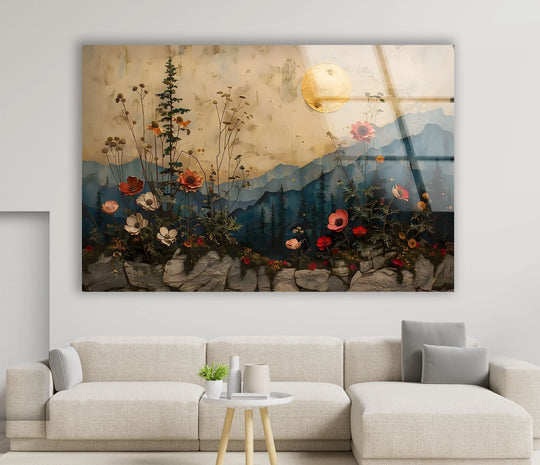 The enchanting visual rhythm of this glass wall artwork showcases a sunset over floral mountains with a golden moon.