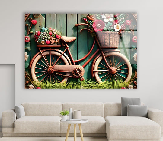 A charming bicycle with a basket overflowing with vibrant flowers, a perfect piece of unique modern wall decor.