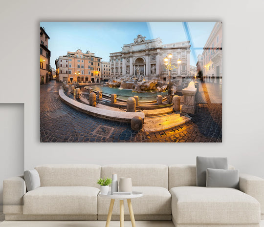 Peaceful, tranquil art from glass captures the warmly lit Trevi Fountain, evoking a serene mood over the iconic Rome landmark at twilight.
