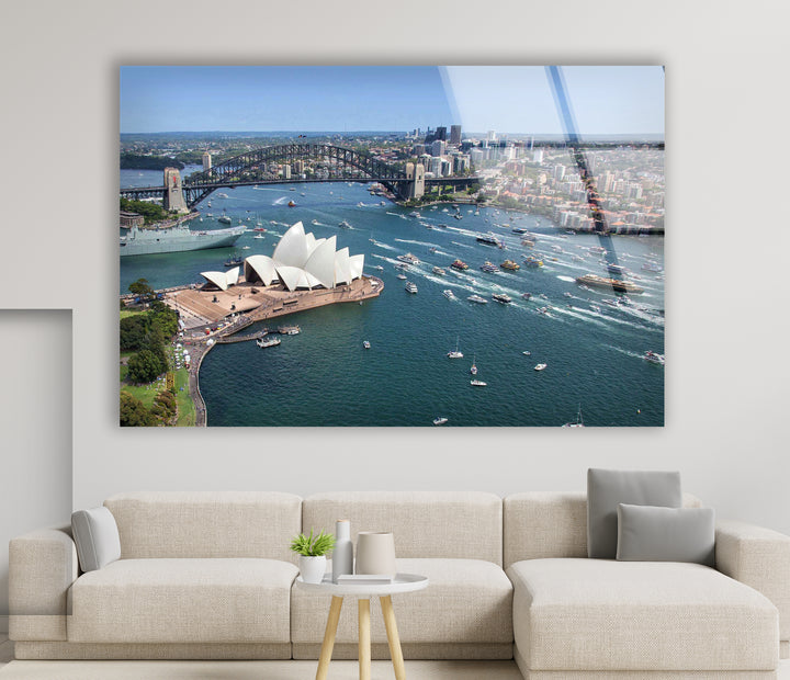 Glaswandkunst des Sydney Opera House – Ikonischer Blick auf Australiens Wahrzeichen und die Harbour Bridge