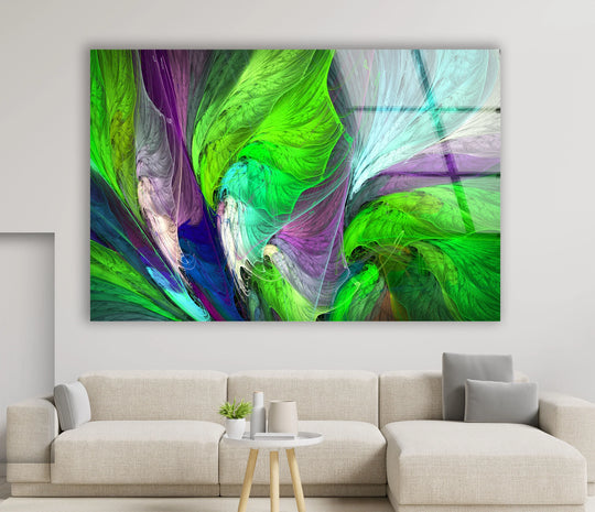 Showcasing vibrant colors on flawless glass wall art decor with a mesmerizing fractal feather design.