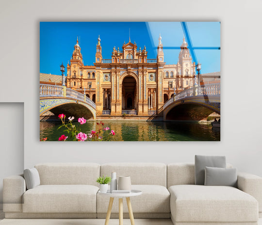 Featuring the focal point, this plaza de España glass decorative wall art captures the majestic Spanish landmark and scenic canal in Seville, showcasing stunning architecture.