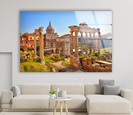 Showcasing the central subject, Roman Forum art from glass highlights the iconic ancient ruins with historic Roman architecture in a stunning wall art piece.