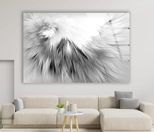 Monochromatic feather texture adorns this striking black and white art from glass, showcasing subtle tonal variations.
