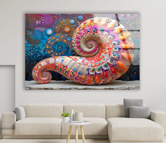 Horizontal glass art depicting a vertically oriented, spiral-shaped snail shell with intricate, colorful, eye-like patterns.