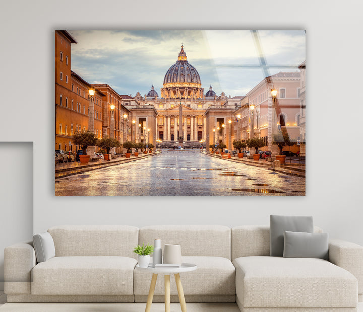 Glaswandkunst Vatikanstadt – Majestätischer Blick auf den Petersdom in der Abenddämmerung