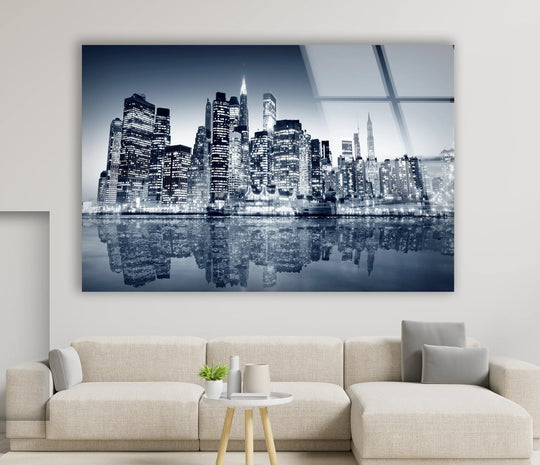 City Prints glass wall art black and white and iconic NYC view with reflections plus New York City Skyline glass art on wall