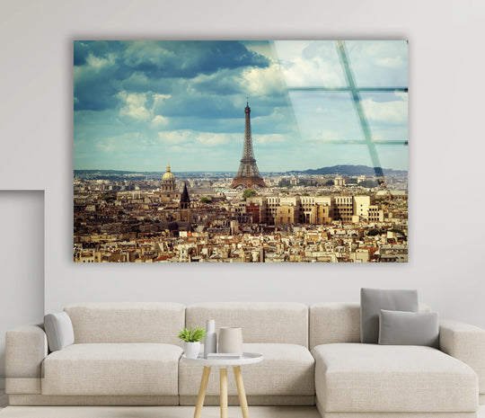 City Prints glass wall art featuring Eiffel Tower cityscape and Paris skyline plus a glossy finish and Parisian charm with rich historical architecture on a white wall