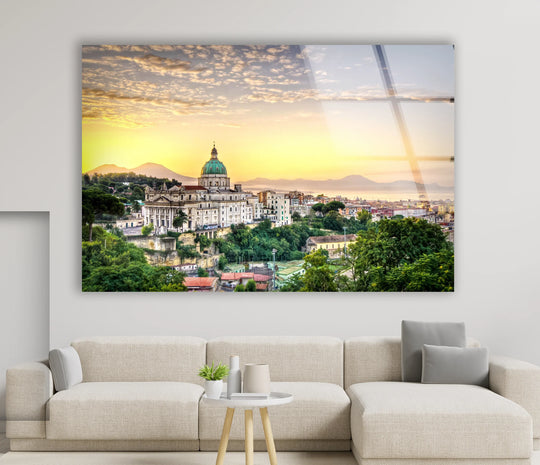 Highlighting the focal point, this sunset view of Naples with Mt. Vesuvius features beautiful architecture in a cityscape panorama enhanced by glass art.