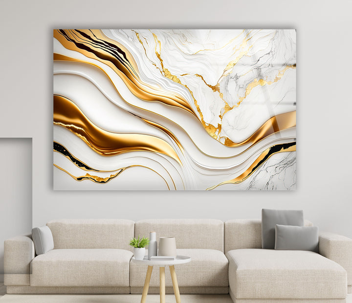 Wandkunst aus weißem und goldenem Marmor – Abstraktes Luxus-Glasdruckdekor 