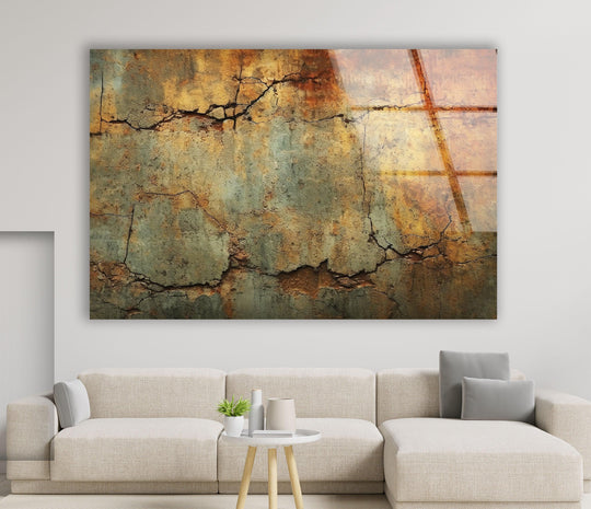 Rich ochre and teal tones contrast across this textured glass wall artwork, showcasing its rustic cracked design.